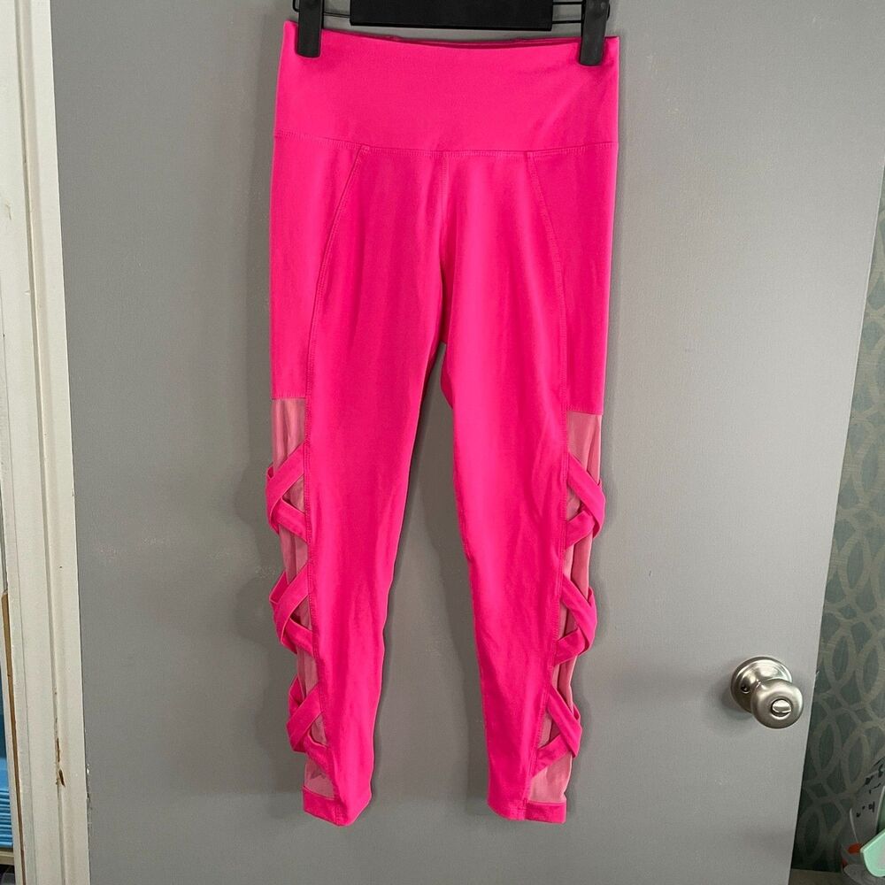 Betsey Johnson Performance Womens S Pink Mesh Lattice Bottom Pink Capri Leggings
